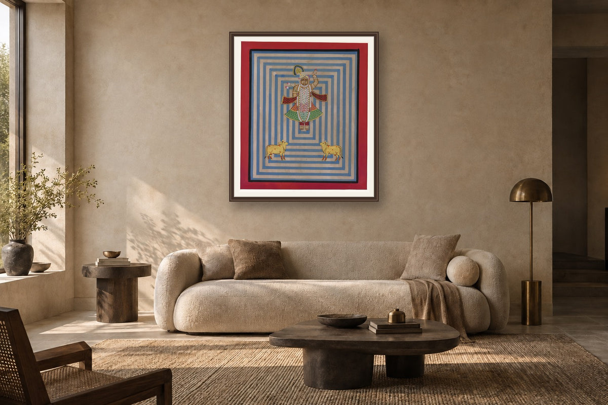 Blue Contemporary Geometric Shrinath Ji Pichwai styled in a premium living room