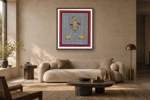 Blue Contemporary Geometric Shrinath Ji Pichwai styled in a premium living room