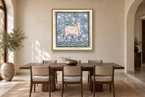 Blue Kamdhenu Around Lotuses styled in a premium dining room