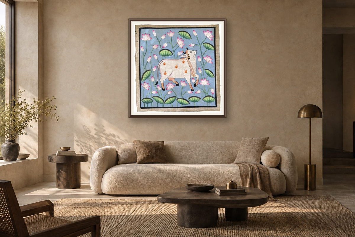 Blue Kamdhenu Around Lotuses styled in a premium living room