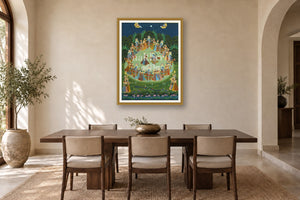 Blue Raas Leela Pichwai styled in a premium dining room