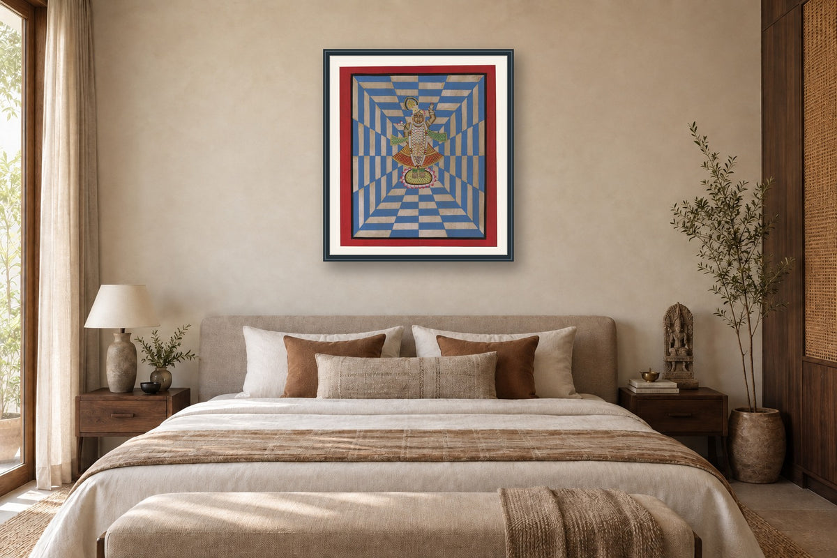Blue Shrinath Ji In Grid Contemporary Geometric Pichwai styled in a premium bedroom
