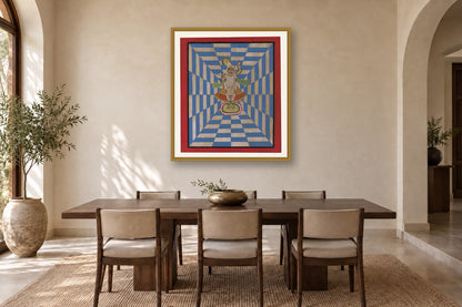 Blue Shrinath Ji In Grid Contemporary Geometric Pichwai styled in a premium dining room