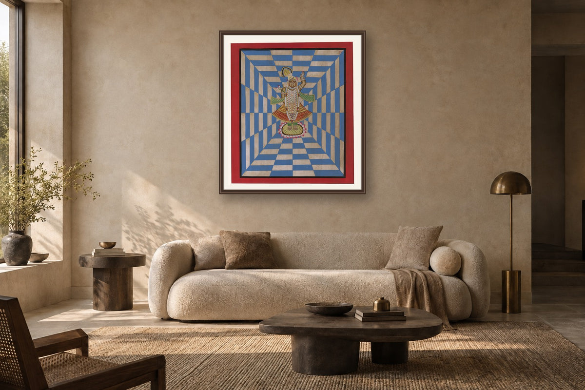 Blue Shrinath Ji In Grid Contemporary Geometric Pichwai styled in a premium living room