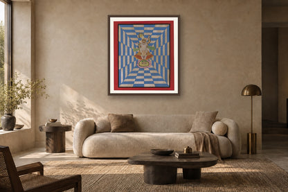 Blue Shrinath Ji In Grid Contemporary Geometric Pichwai styled in a premium living room
