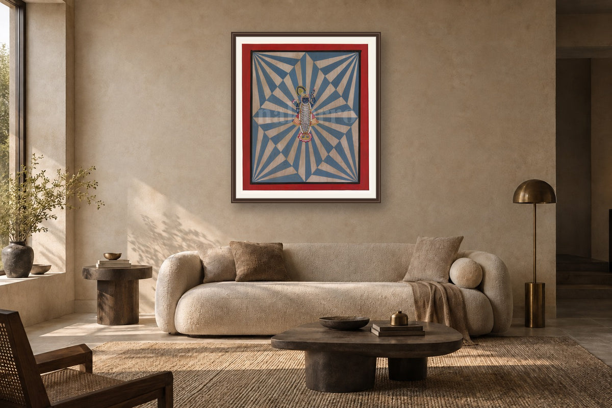 Blue Shrinath Ji In Maze Contemporary Geometric Pichwai styled in a premium living room