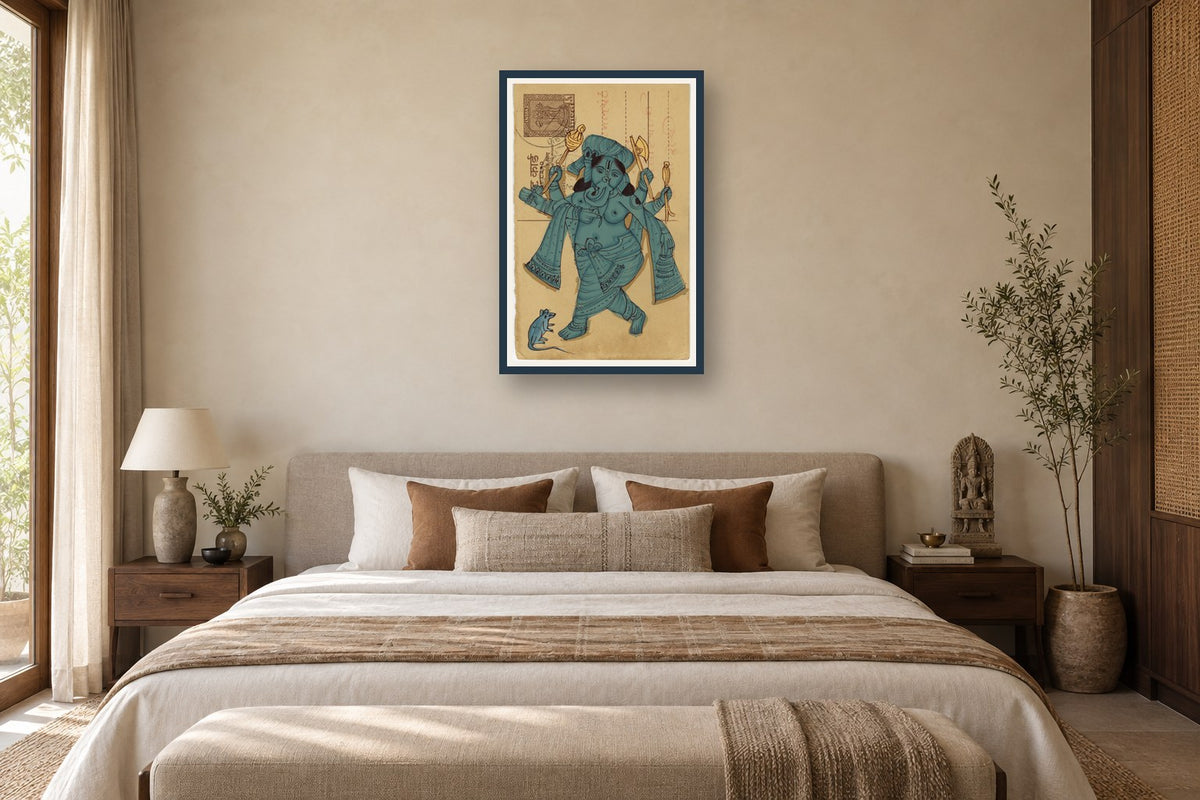 Blue Standing MahaGanesha Postcard styled in a premium bedroom