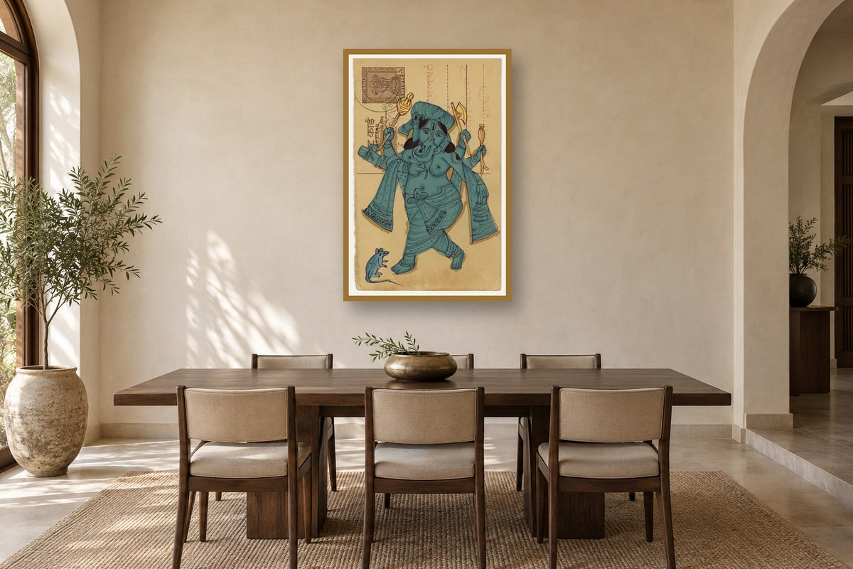 Blue Standing MahaGanesha Postcard styled in a premium dining room