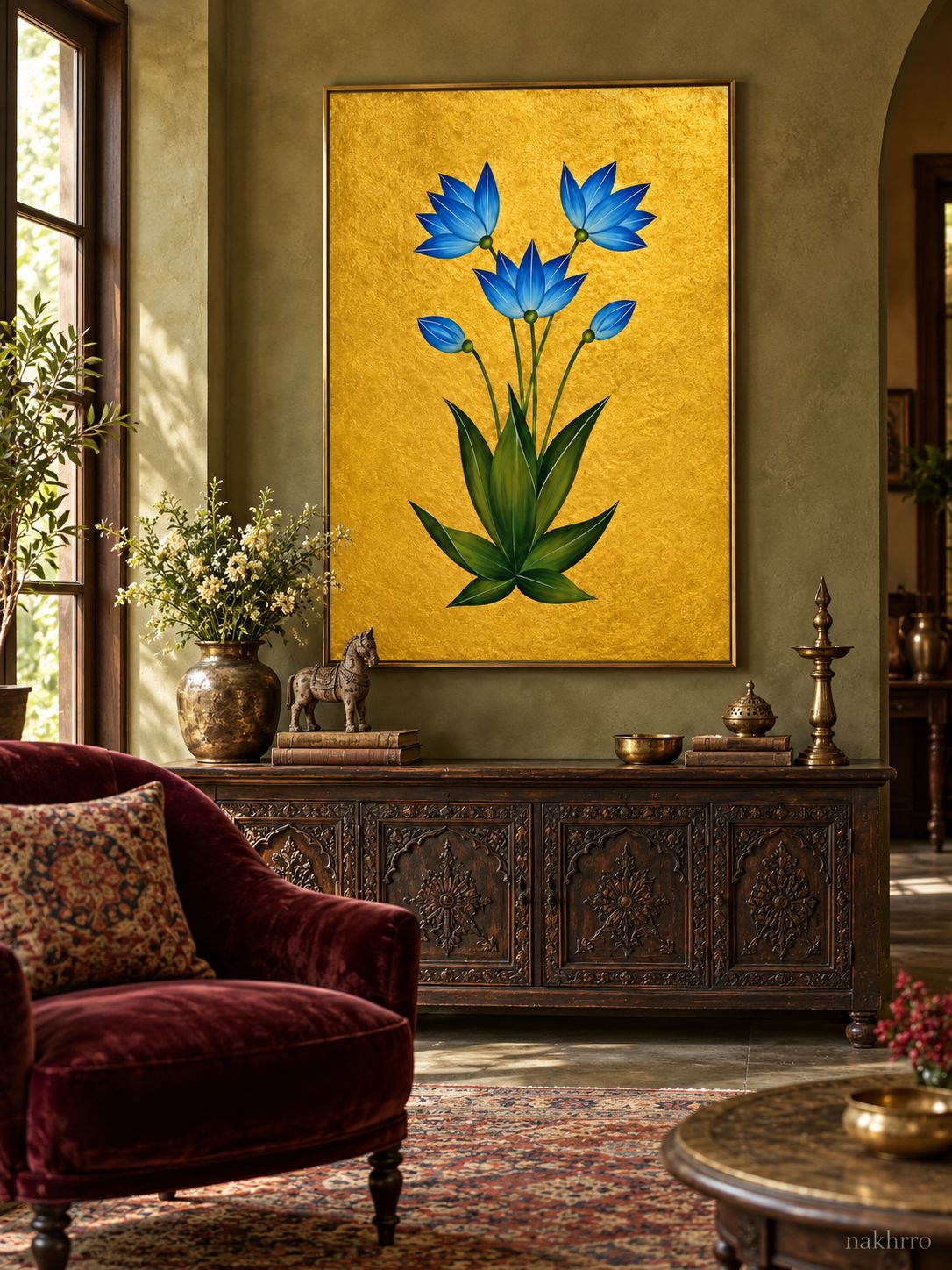 Blue Star Blossoms on Gold | Mughal Botanical Art Print in a styled room