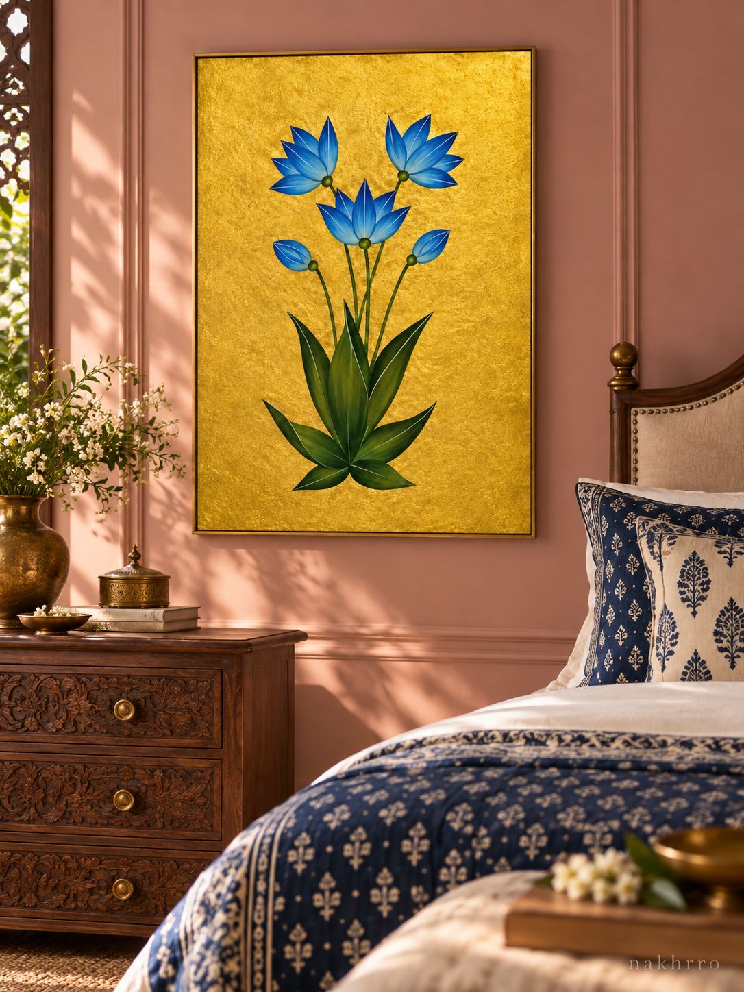 Blue Star Blossoms on Gold | Mughal Botanical Art Print in a styled room