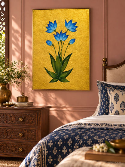 Blue Star Blossoms on Gold | Mughal Botanical Art Print in a styled room