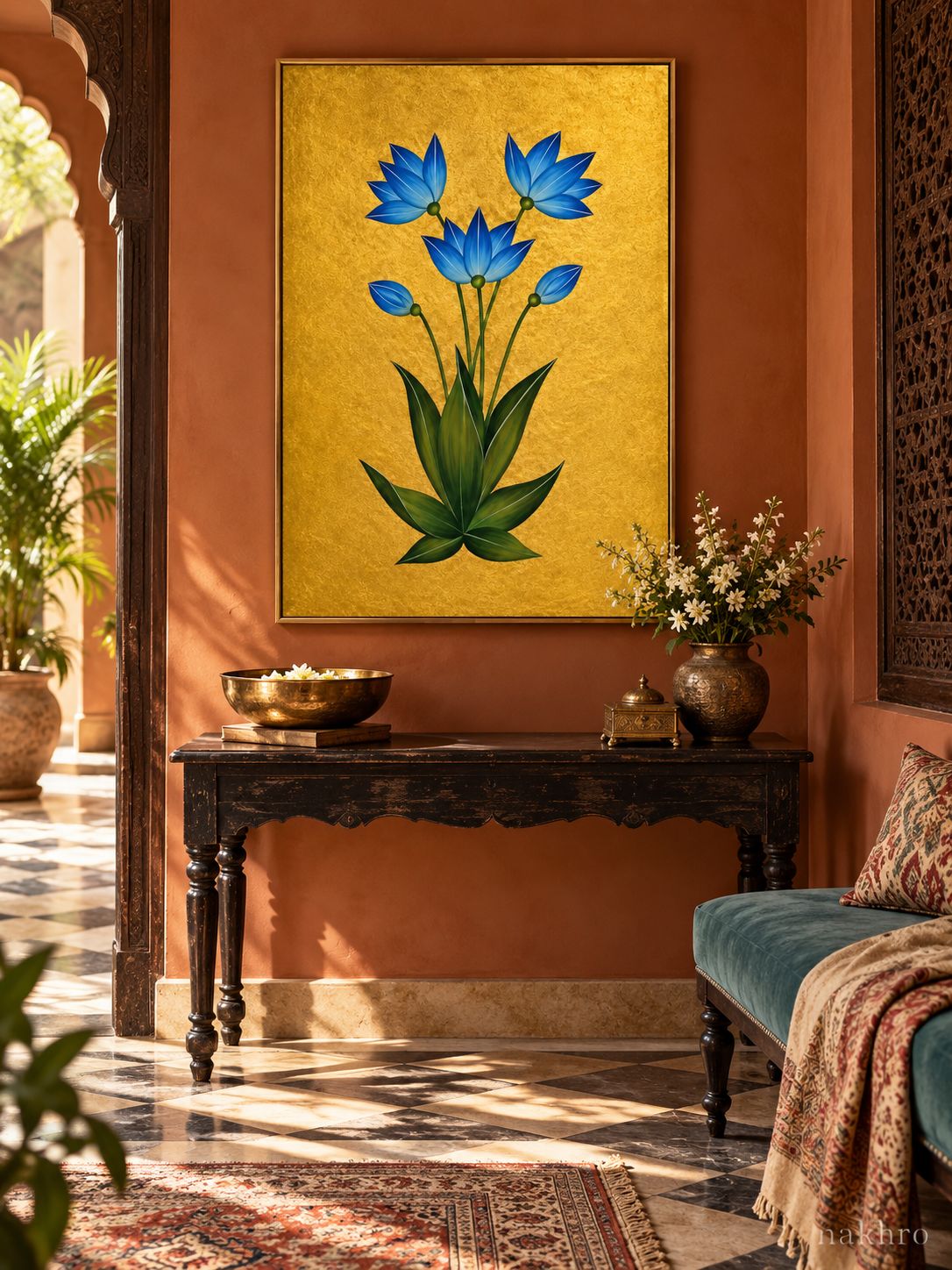 Blue Star Blossoms on Gold | Mughal Botanical Art Print in a styled room