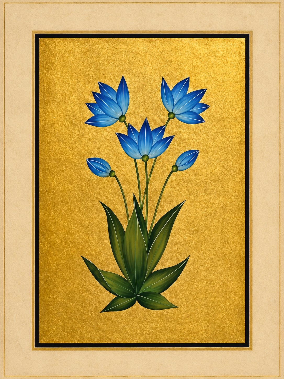 Three vivid blue star-shaped blossoms rise from a fan of green leaves. Gold-ground botanical art.