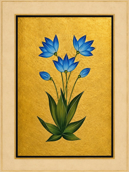 Three vivid blue star-shaped blossoms rise from a fan of green leaves. Gold-ground botanical art.
