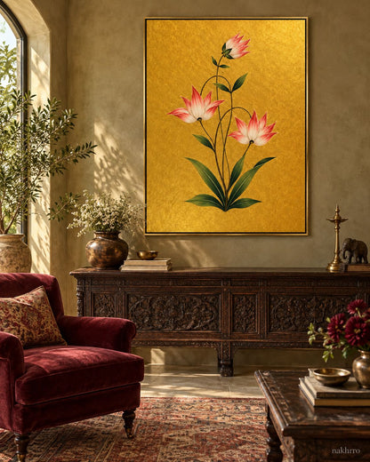 Blush Lily Flowers on Gold | Mughal Botanical Art Print in a styled room