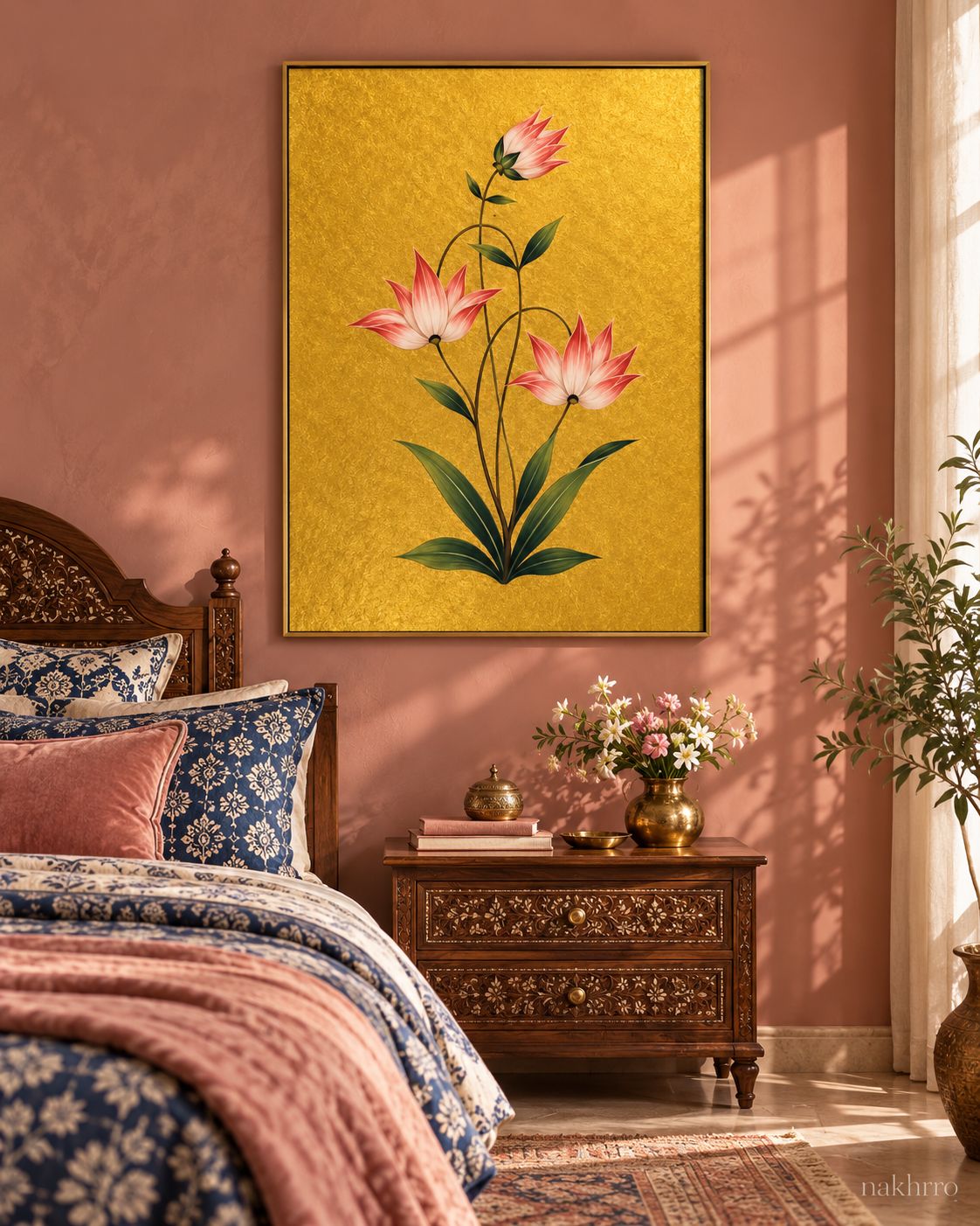 Blush Lily Flowers on Gold | Mughal Botanical Art Print in a styled room