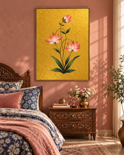 Blush Lily Flowers on Gold | Mughal Botanical Art Print in a styled room