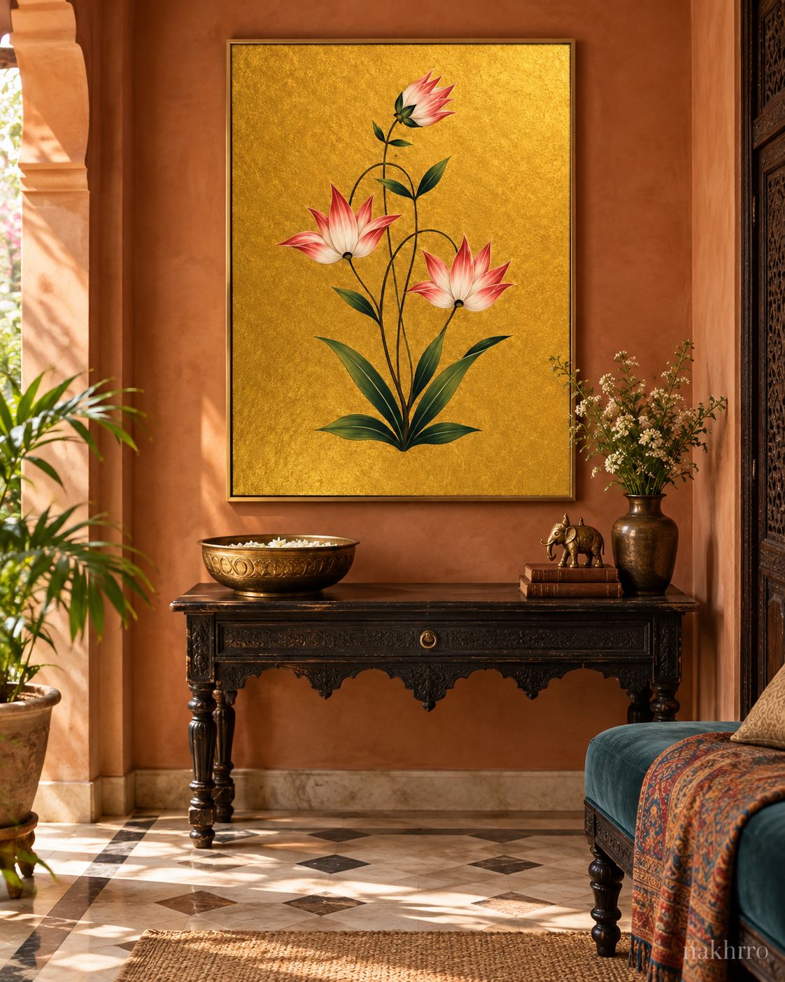Blush Lily Flowers on Gold | Mughal Botanical Art Print in a styled room