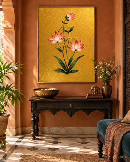 Blush Lily Flowers on Gold | Mughal Botanical Art Print in a styled room