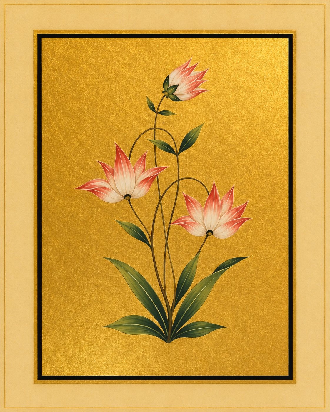 Three ivory flowers tipped with blush pink rise above a fan of long green leaves. Gold-ground botanical art.