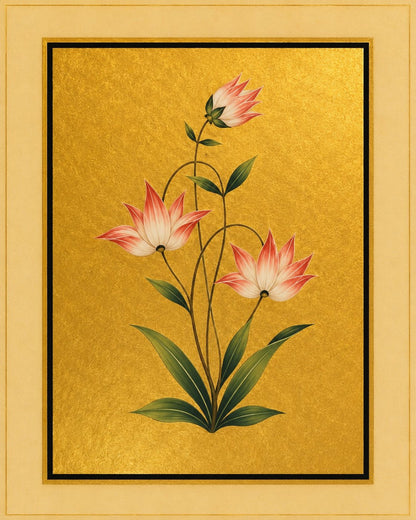 Three ivory flowers tipped with blush pink rise above a fan of long green leaves. Gold-ground botanical art.
