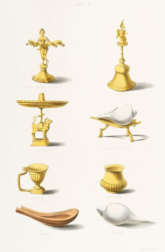 Golden lamps, a conch and small ceremonial objects form an elegant illustrated study against a pale background.