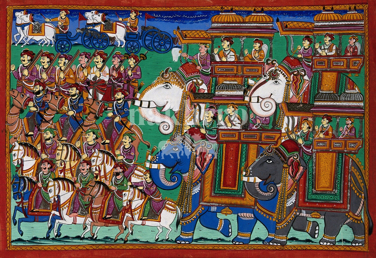 Colourful Indian ceremonial procession with elephants horses and attendants