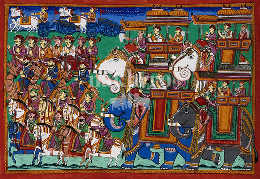 Colourful Indian ceremonial procession with elephants horses and attendants