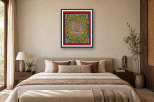 Chevron Shades Of Green Contemporary Geometric Pichwai styled in a premium bedroom