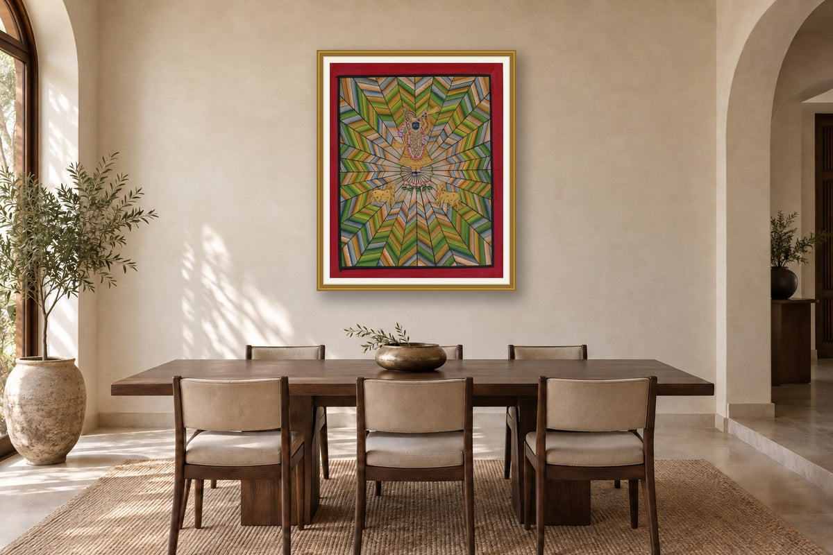 Chevron Shades Of Green Contemporary Geometric Pichwai styled in a premium dining room