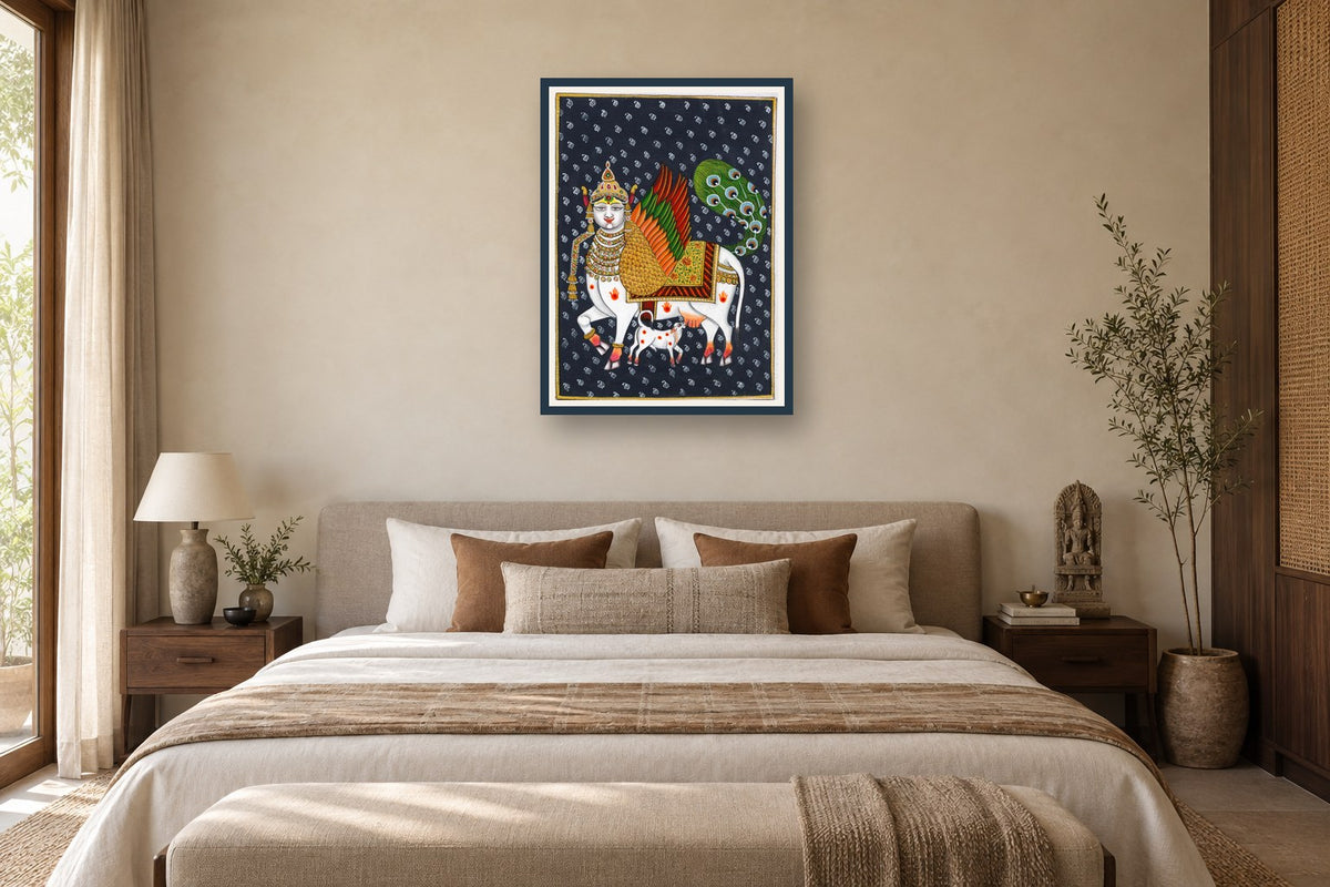 Contemporary Kamdhenu Of Pichwai styled in a premium bedroom