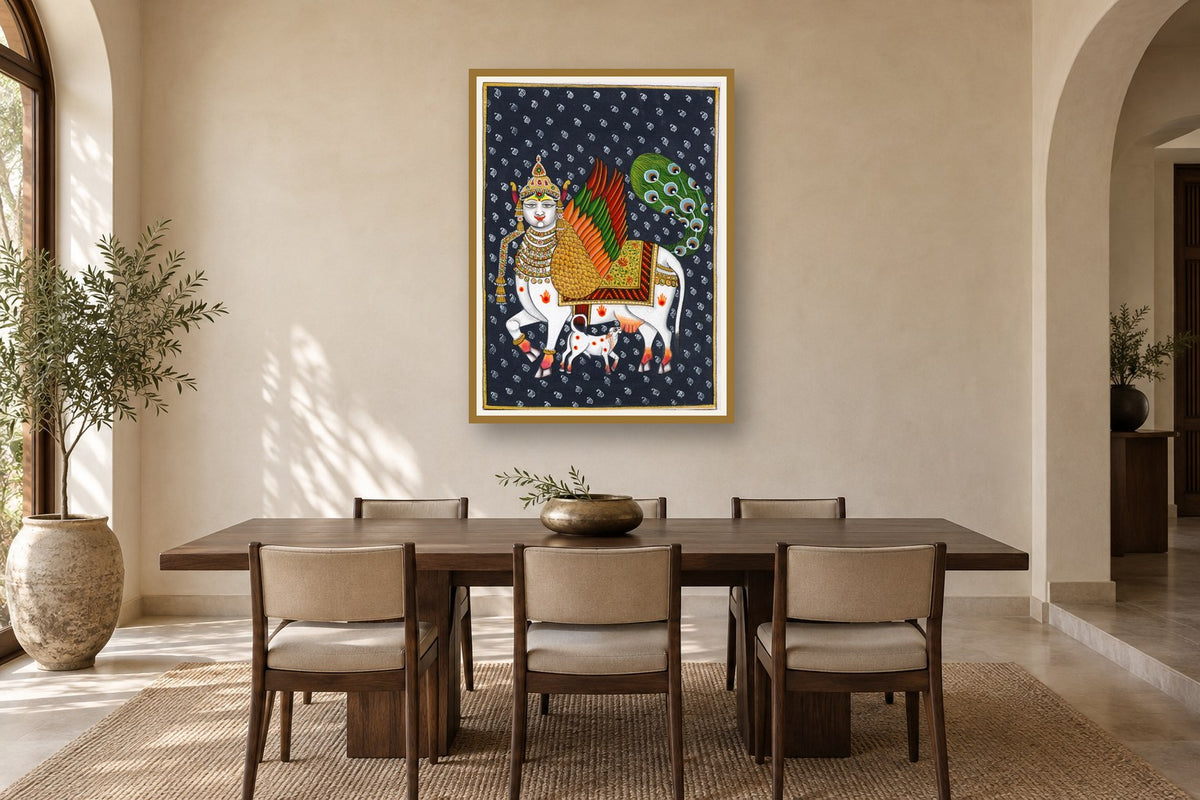 Contemporary Kamdhenu Of Pichwai styled in a premium dining room