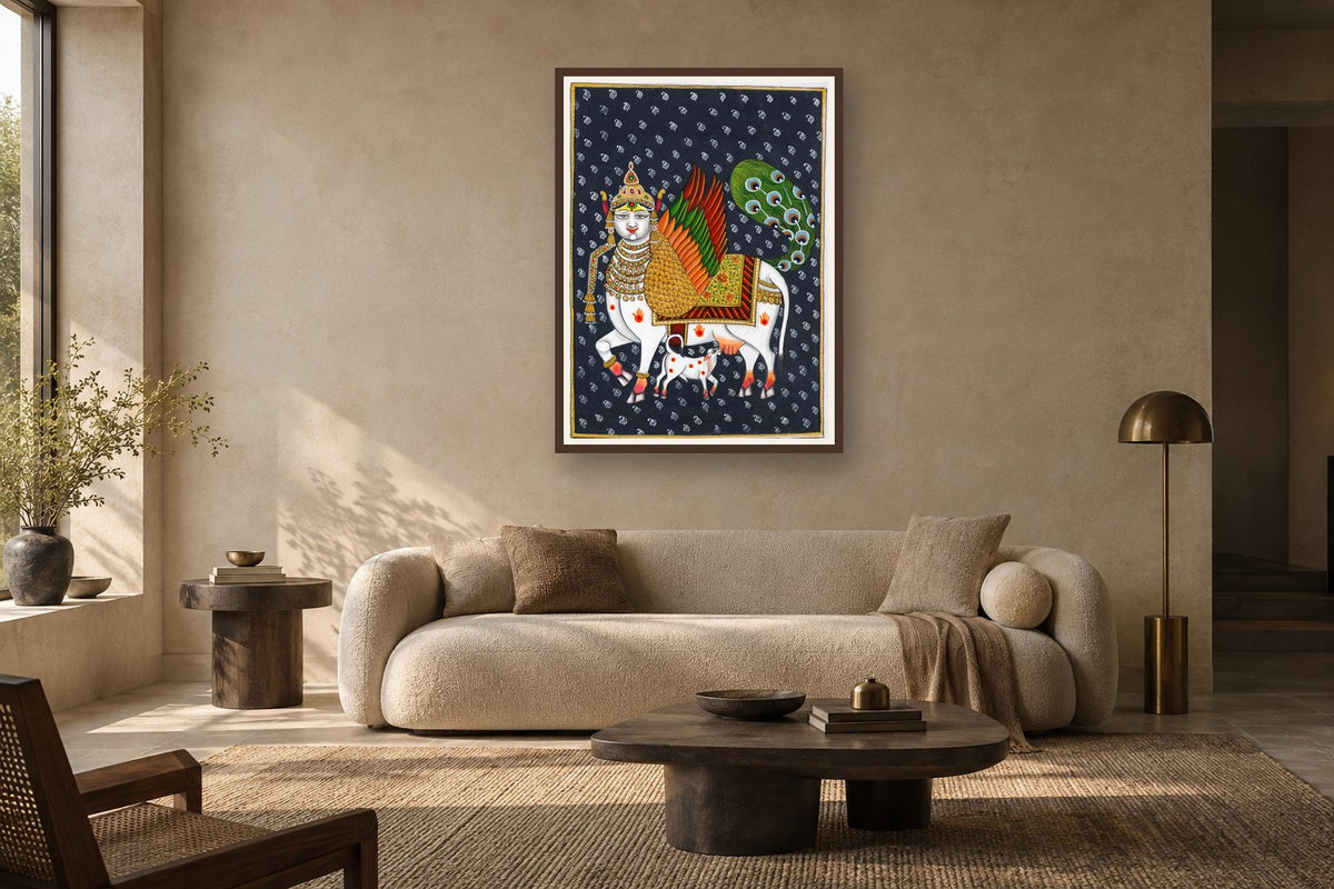 Contemporary Kamdhenu Of Pichwai styled in a premium living room