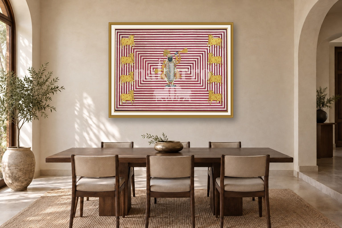 Contemporary Pichwai with Red & White Stripes styled in a premium dining room