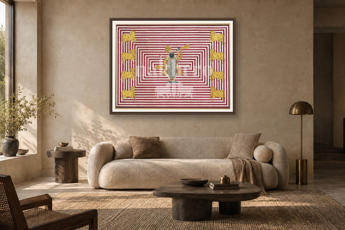 Contemporary Pichwai with Red & White Stripes styled in a premium living room