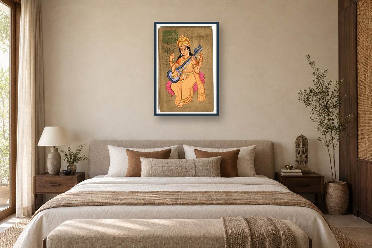 Saraswati Ji Postcard styled in a premium bedroom