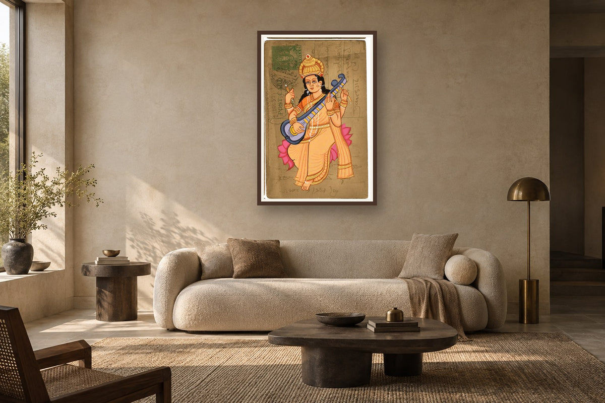 Saraswati Ji Postcard styled in a premium living room