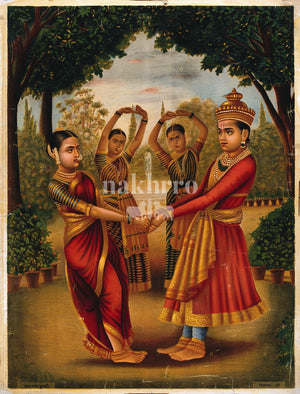 Indian court dancers and musicians in a garden setting