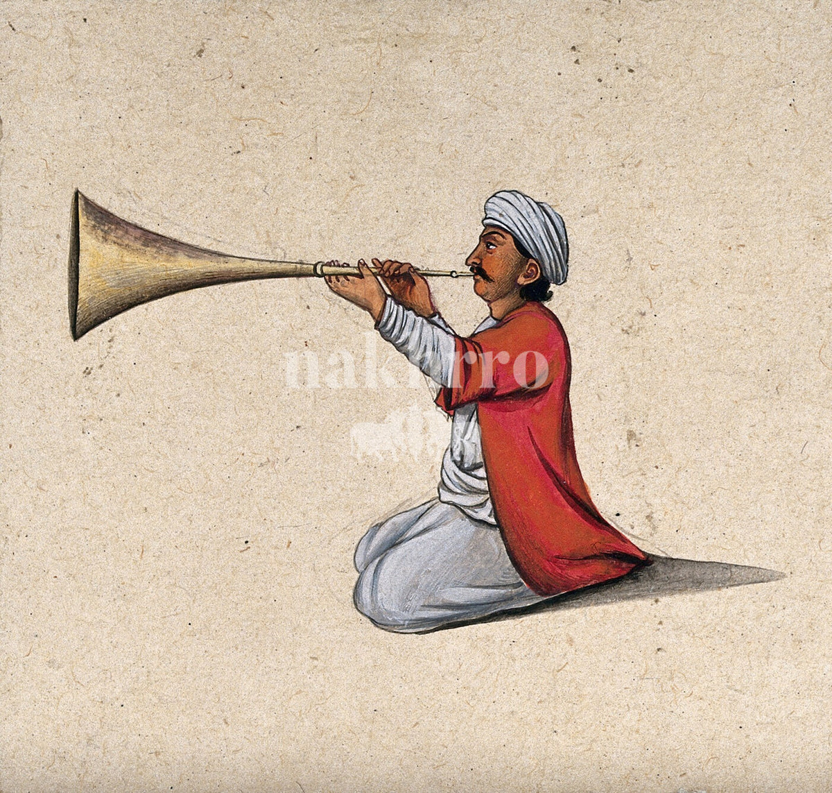 Seated Indian court trumpeter playing a long brass horn