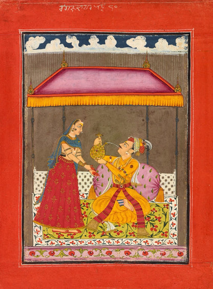 Indian miniature painting of a courtly couple beneath a canopy