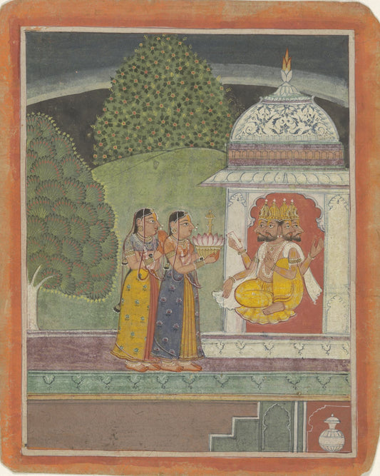 Figures assemble beside a small domed pavilion under a crescent moon, with layered green hills and fine architectural ornament.