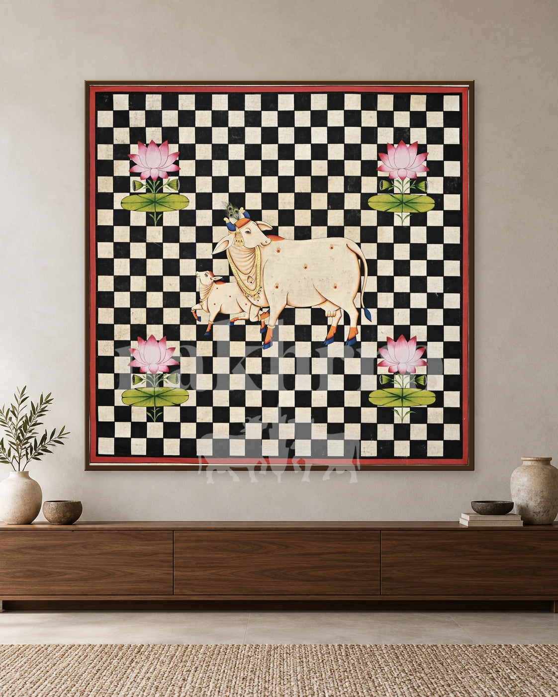 Cow and Calf on a Black and White Checkerboard — slim-frame room mockup 1 with Nakhrro watermark