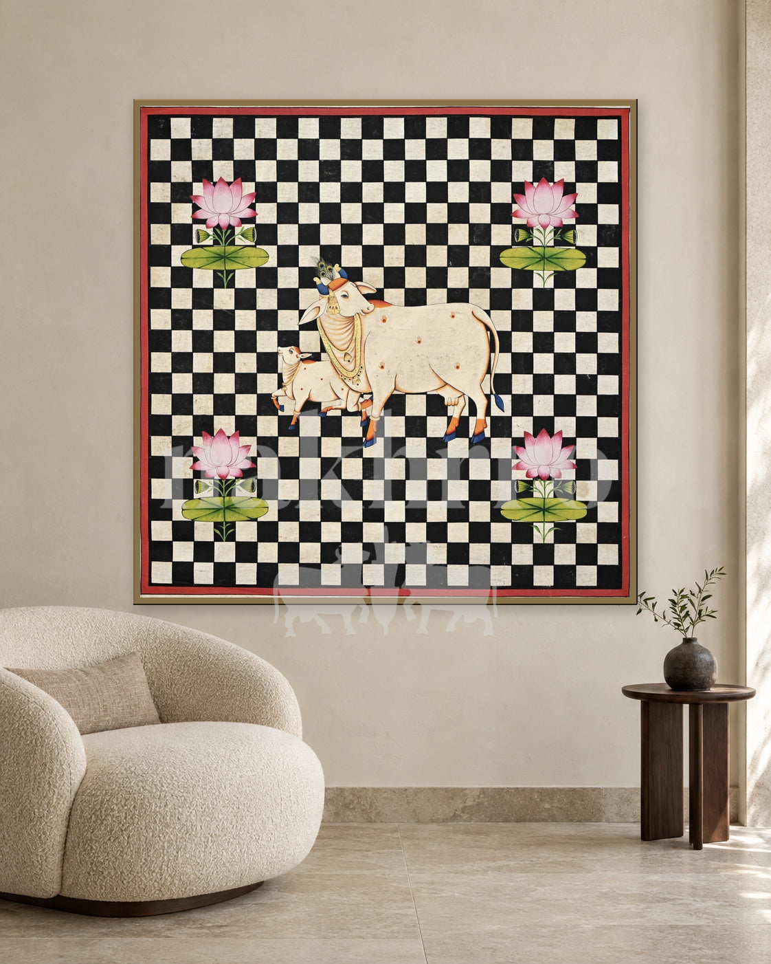 Cow and Calf on a Black and White Checkerboard — slim-frame room mockup 2 with Nakhrro watermark