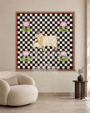 Cow and Calf on a Black and White Checkerboard — slim-frame room mockup 2 with Nakhrro watermark