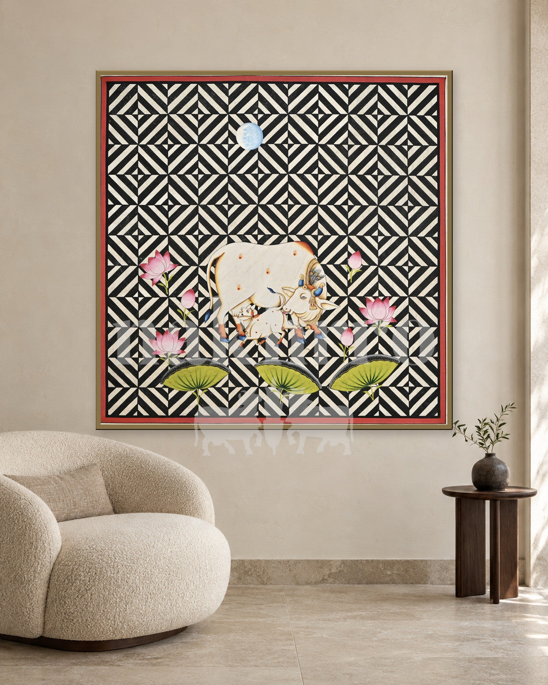 Cow and Calf on a Black and White Star Pattern — slim-frame room mockup 2 with Nakhrro watermark