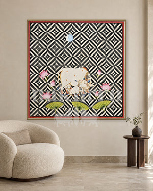 Cow and Calf on a Black and White Star Pattern — slim-frame room mockup 2 with Nakhrro watermark