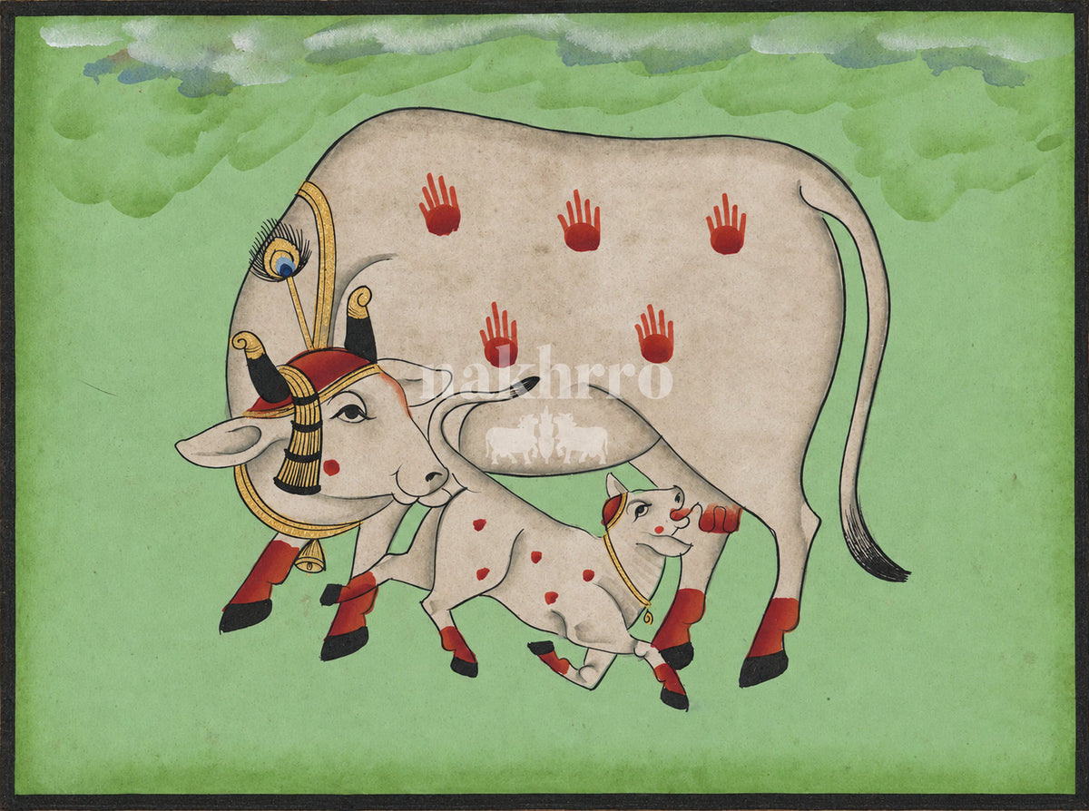 Cow and Calf on Sage Green | Pichwai Museum-Grade Art Print