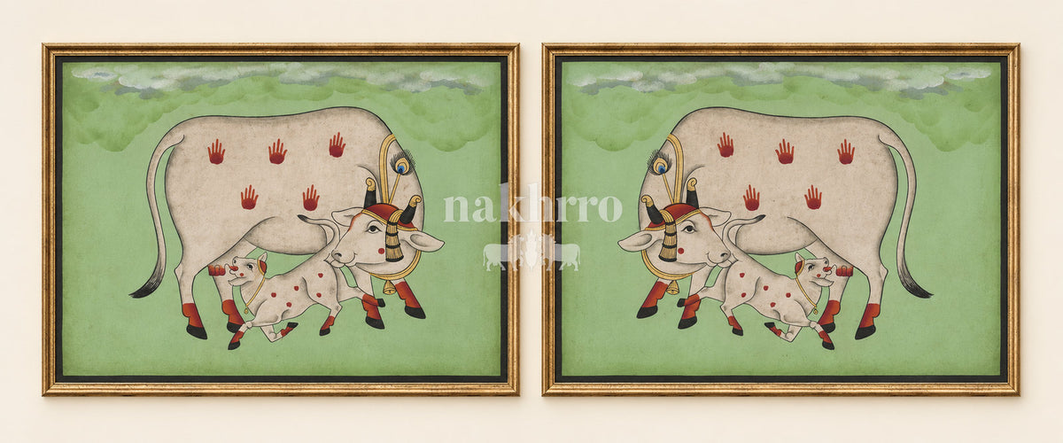 Cow and Calf on Sage Green | Mirrored Pichwai Gallery Wall Set of Two
