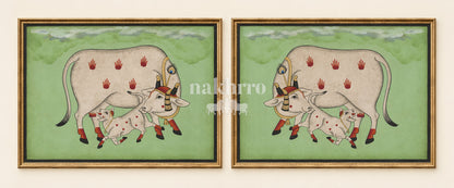 Cow and Calf on Sage Green | Mirrored Pichwai Gallery Wall Set of Two