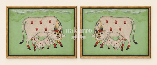 Cow and Calf on Sage Green | Mirrored Pichwai Gallery Wall Set of Two